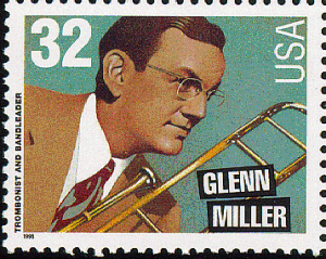 Glenn Miller as he appeared on the 1996 U.S. Commemorative stamp in the American Music Series - Big Band Leaders. - glenn-miller-postage-stamp-1996