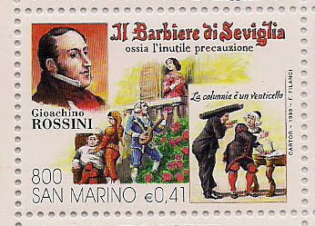 Rossini, Barber of Seville and Figaro on 1999 San Marino stamp (image)