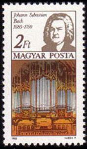 Johann Sebastian Bach and organ - Hungary, 1985 stamp (image)