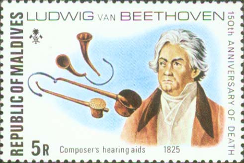 Beethoven with hearing aids, hearing trumpets (image)
