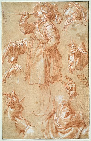 Studies of a Standing Trumpeter, Hands and Arms (Abraham Bloemaert) (image)