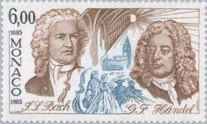 J S Bach and G F Handel on 1985 Monaco stamp (image)