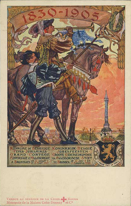 Messenger seated on horse blows a trumpet - 75th Anniversary of Belgian Independence (image)